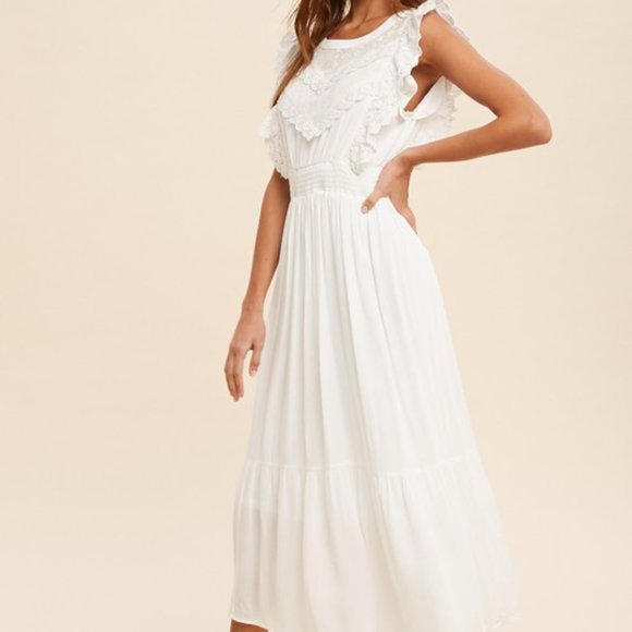 Last 1! NWT White Ivory Lace Trim Smocked Waist Midi Dress - Picture 3 of 5